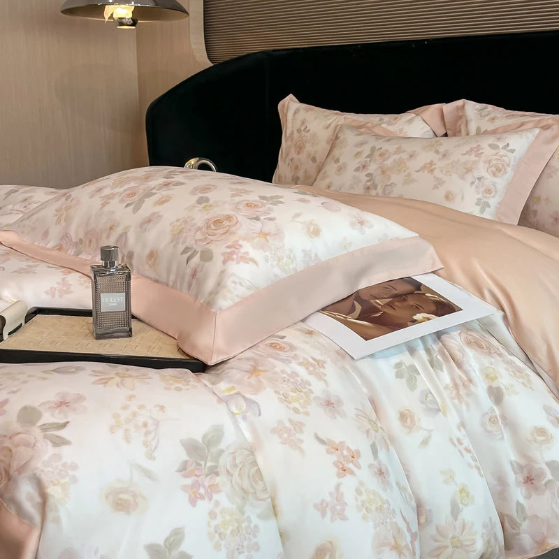 ensemble literie fleurs gris blanc housse couette drap taies oreiller lyocell eucalyptus doux