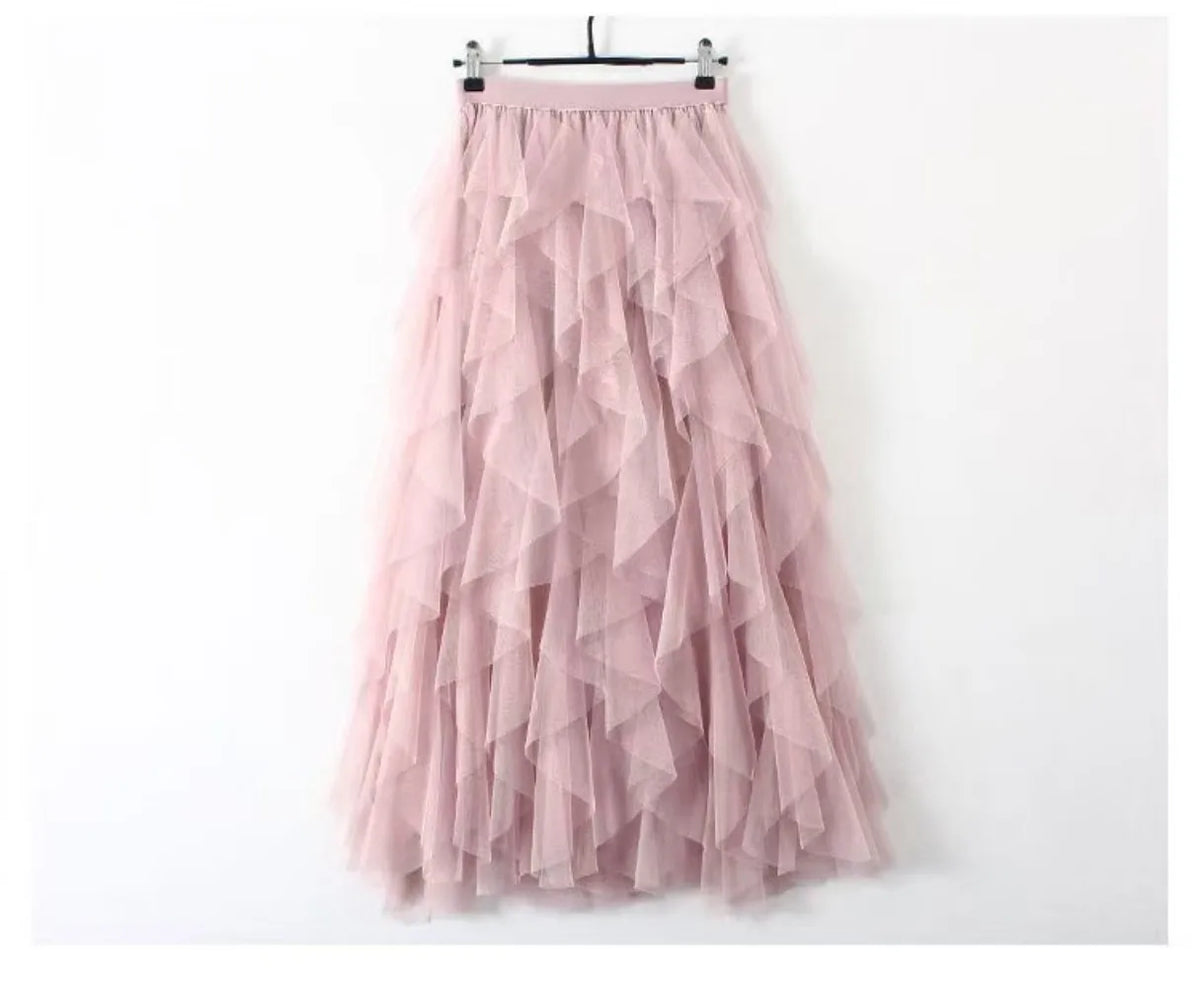jupe tulle plissée rose noir élégante féminine asymétrique mi mollet translucide junior femme