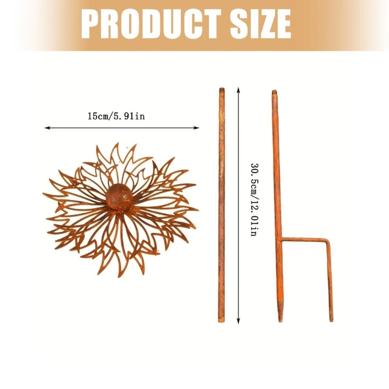décoration jardin fleur métallique orange rouille aspect vieilli rustique pétales ajourés fixable sol