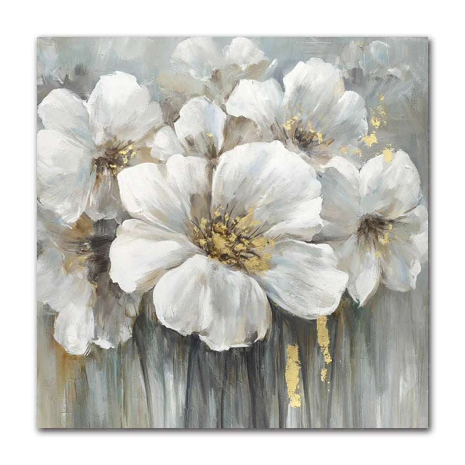 peinture contemporaine fleurs blanches toile acrylique blanc gris doré minimaliste sans cadre 20x20cm 30x30cm