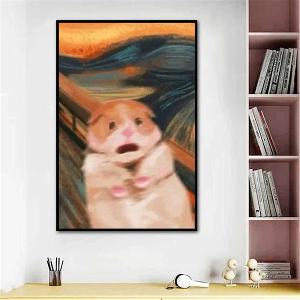 affiche moderne toile peinte huile chat hamster dessin animé orange beige bleu moderne pop