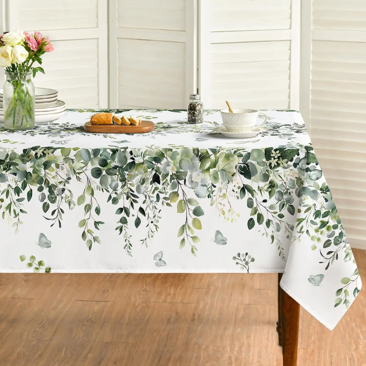nappe table feuilles vert printemps moderne rectangle maison 140x140cm blanc verte