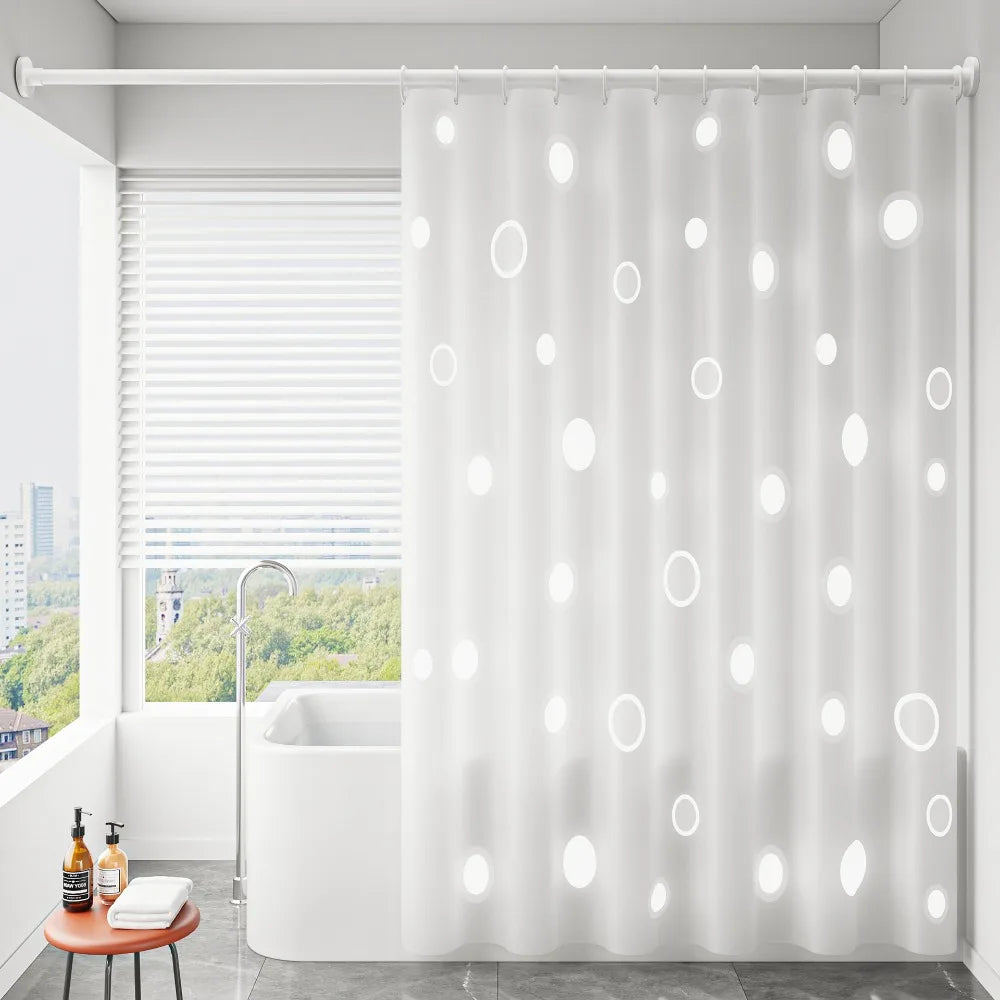 rideau douche blanc moderne cercles étoiles lunes flocons neige translucide anneaux sans perçage