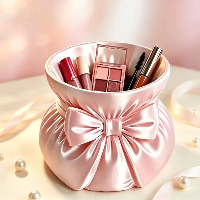 Sac cosmétiques moderne élégant rose blanc bleu violet satiné portatif pinceaux maquillage lips palettes