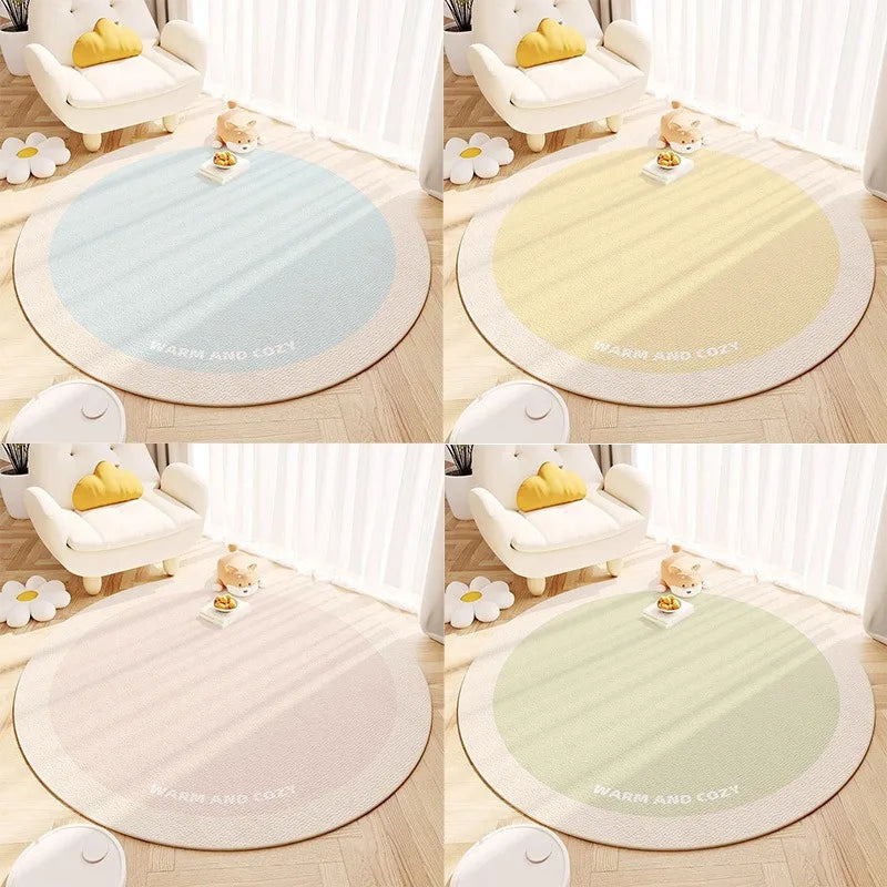 tapis rond moderne rayures horizontales bleu clair jaune clair beige vert clair polyester anti