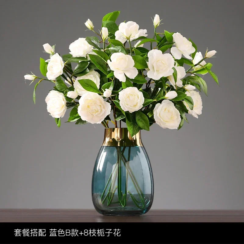 vase transparent moderne fleurs artificielles bleu doré élégant bouche vase 10cm largeur 16cm hauteur