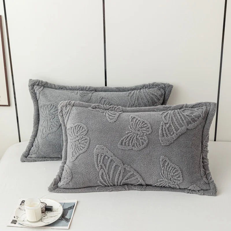 taies d'oreiller jacquard papillons brodés gris bleu rose vert beige violet modernes lit hiver