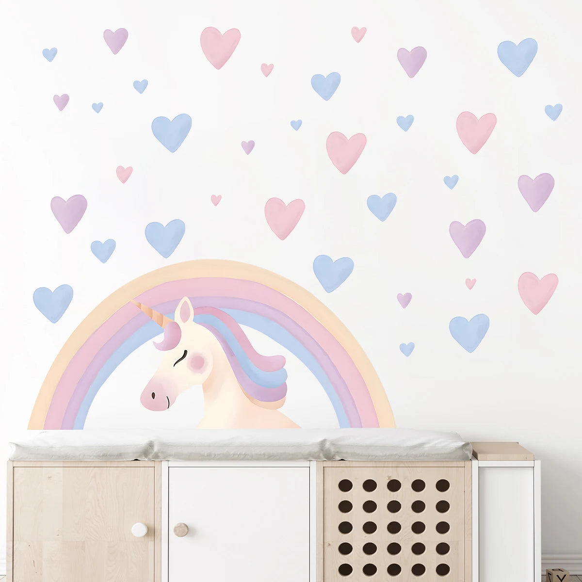 Stickers muraux licorne arc ciel cœur enfants chambre fille décoration pièce jouet vivante illustration