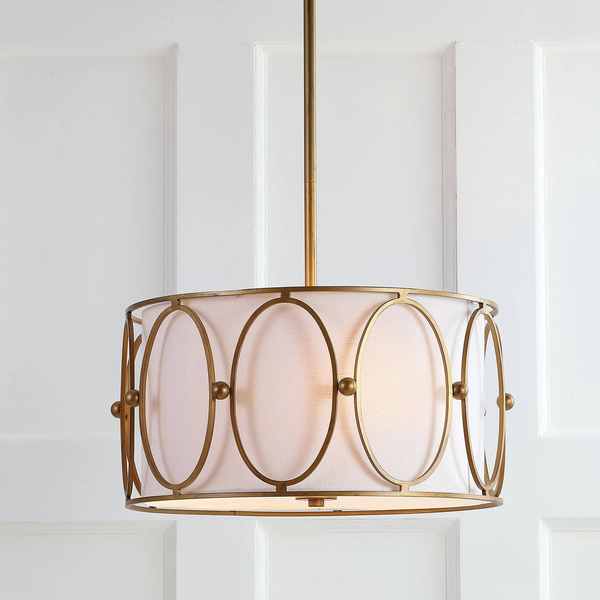 suspension lumineuse moderne or blanc cercles superposés pince suspension fixe