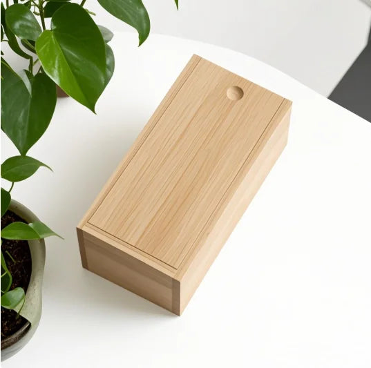 boîte rangement bois naturel bleu rayures horizontales minimaliste thé sachets papier aluminium