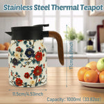 théière thermique acier inoxydable fleurs vintage poignée bois tasse assiette plateau