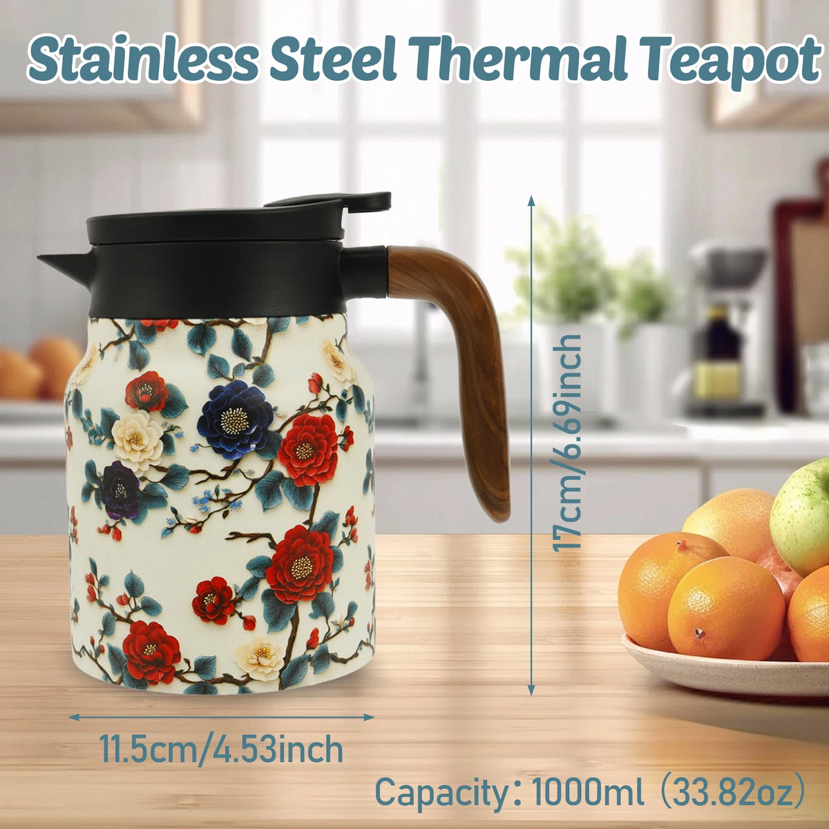 théière thermique acier inoxydable fleurs vintage poignée bois tasse assiette plateau