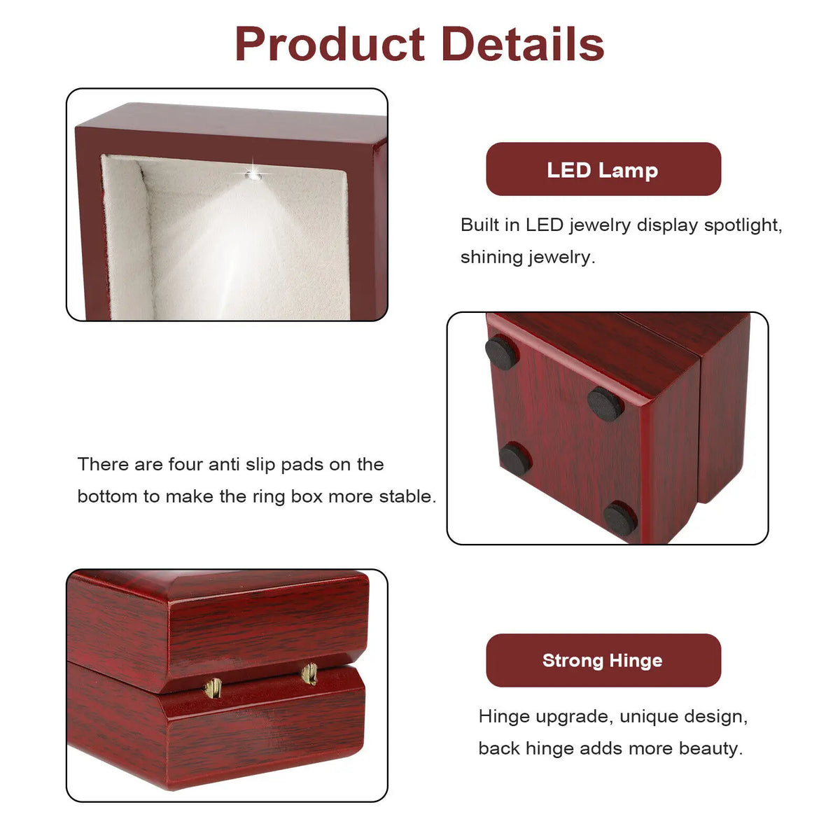boîte bijoux bois marron foncé moderne élégante lisse brillante vis led 65x60x52mm