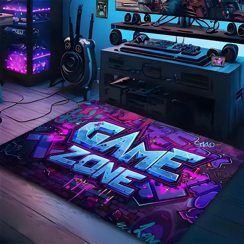 tapis violet bleu moderne graffiti lettre 3d adhésif salon décoration urbaine polyester polypropylène rectangle