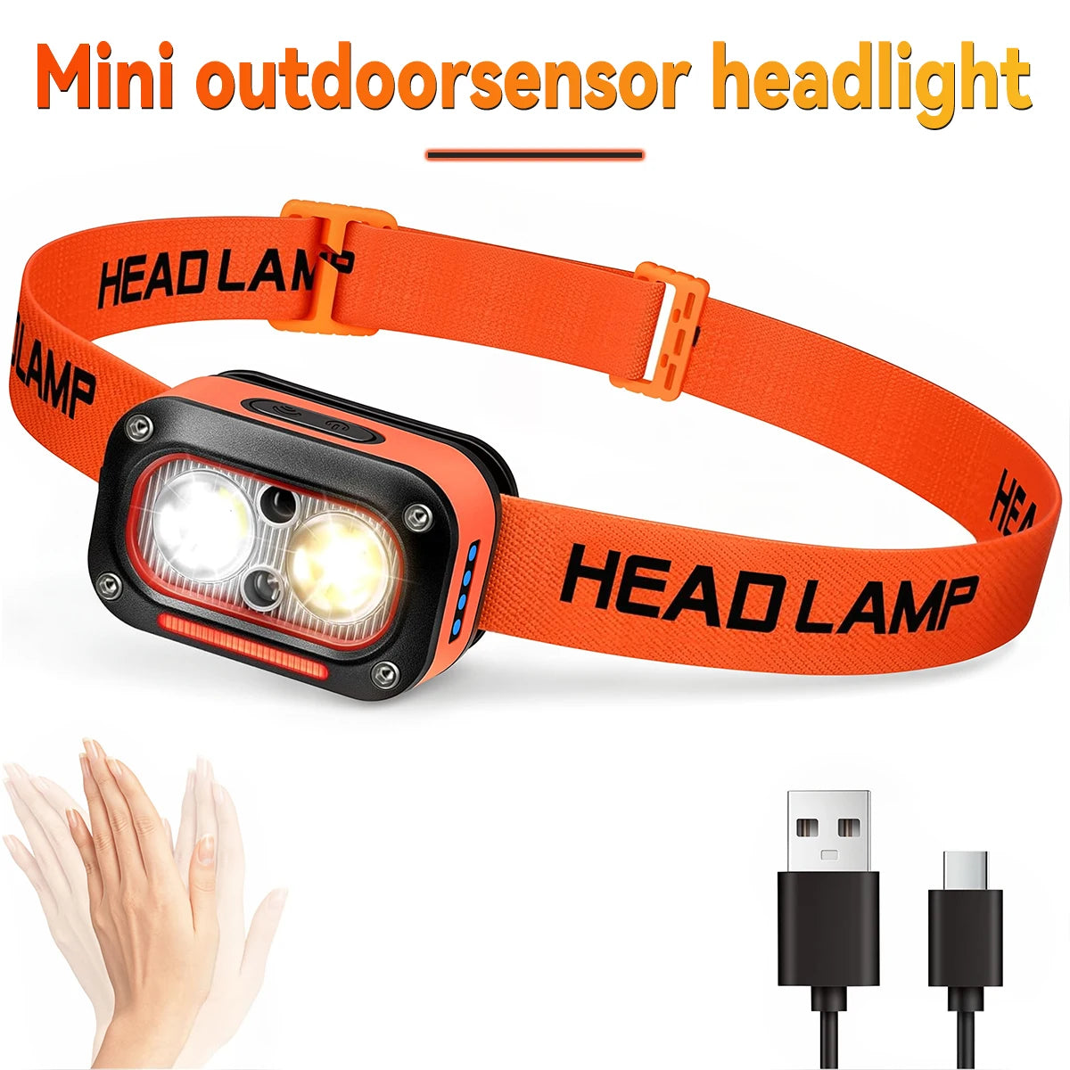 lampe frontale rechargeable led usb étanche mode haut bas orange noir texture tissée moderne