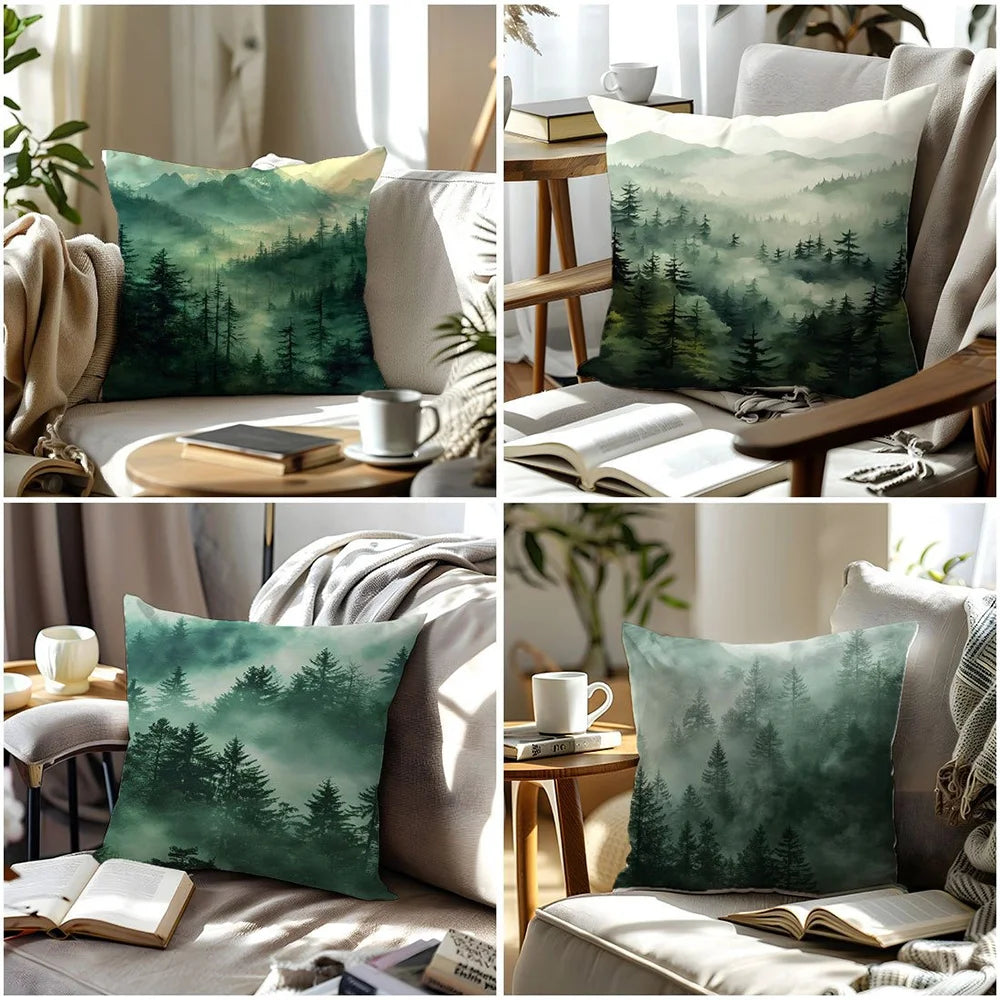 taies d'oreiller imprimées forêt brumeuse polyester peacheskin 40x40cm 45x45cm 50x50cm 60x60cm zip closure naturel