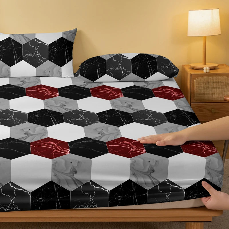 drap housse géométrique marbre moderne noir blanc rouge polyester lit
