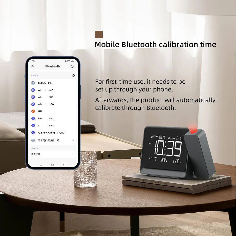 projecteur horloge numérique éclairage nocturne moderne surface mat noir température bluetooth réglable apaisant chambre