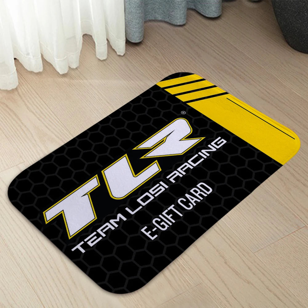 tapis moderne antidérapant noir blanc jaune bleu logo tlr racing geometrique salon entrée