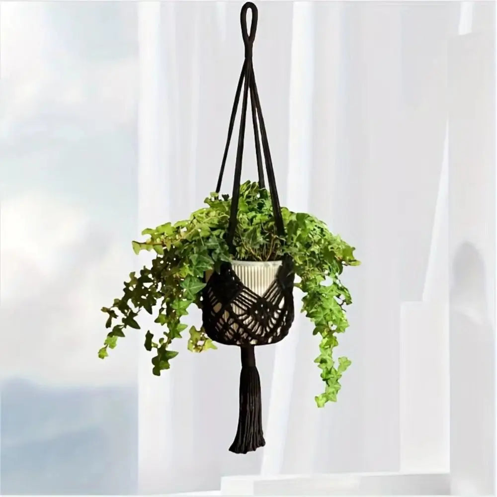 Sac plante suspendu macramé boho pot blanc anneaux beiges noirsintérieurextérieur