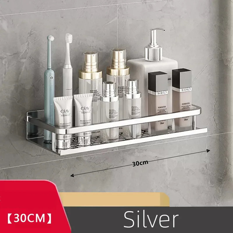 étagère murale moderne étagère aluminium perforée argentée bouteilles cosmétiques flacons brosse dents diffuseur huiles