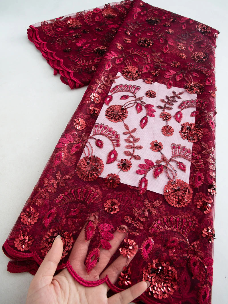 tissu brodé sequins dentelle polyester coton mariage robe cérémonie élégante floral violet rouge