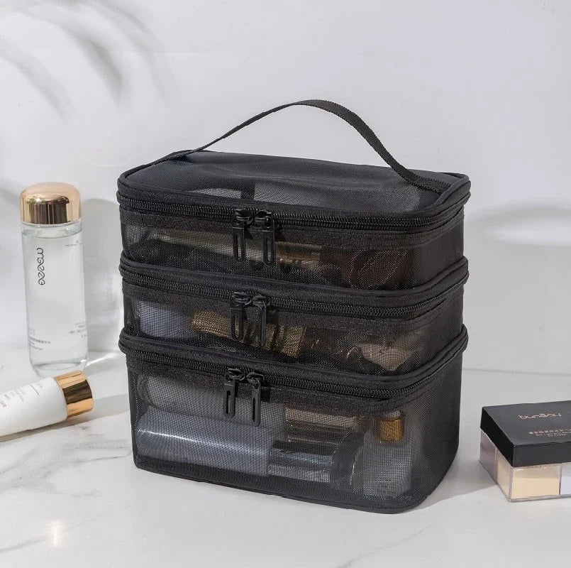 sac maquillage polyester noir transparent moderne poignée cosmétiques pinceaux maquillage réutilisable organiser soins peau