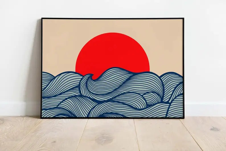 tableau moderne toile vague stylisée beige rouge bleu sans cadre impression horizontale décoration salon