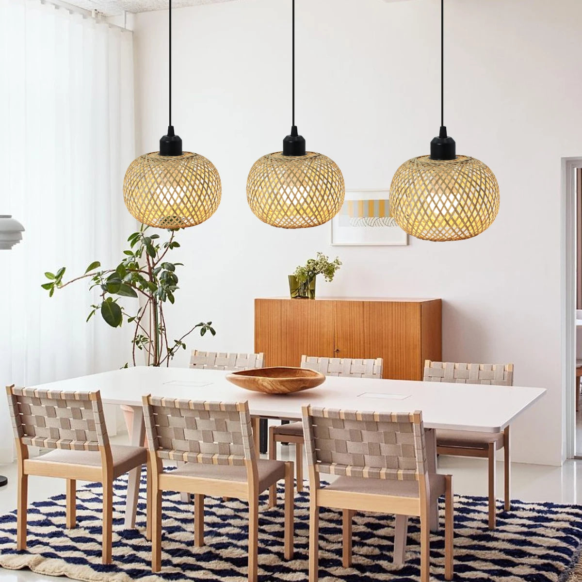 Suspension lumineuse tissage osier moderne rustique naturel noir câble électrique ampoule led douille noire