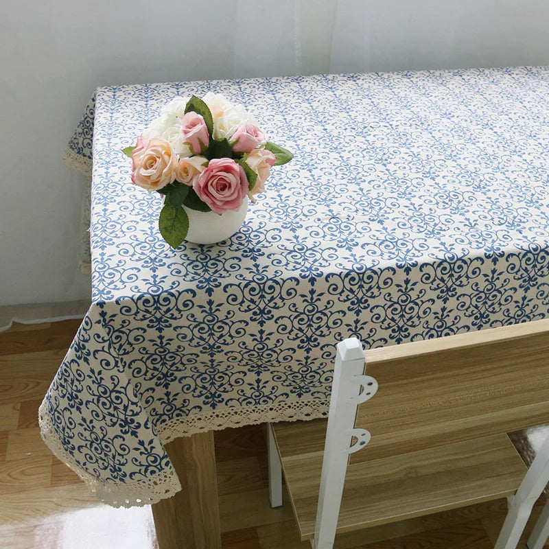 nappe lin bleu blanc motif floral traditionnelle table maison extérieure mariage fête decoration chinois