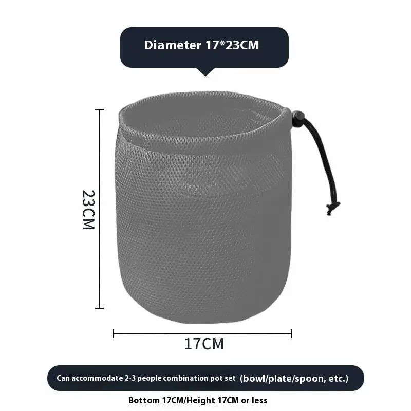 sac rangement noir maille opacité cordelette pratique camping cuisine pique nique organisation vaisselle barbecue
