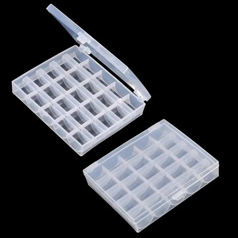 boîte rangement bobines fil transparente 25 compartiments clips pratiques organisation atelier couture
