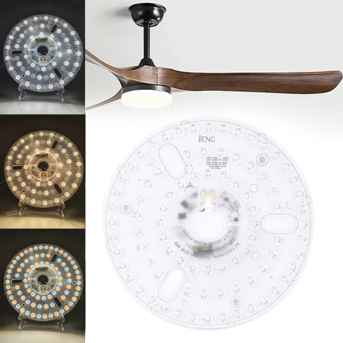 ventilateur led blanc marron moderne pale boisée éclairage séparé circulaire minimaliste