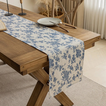 chemin table coton lin bleu motif fleurs décoration table manger mariage classique