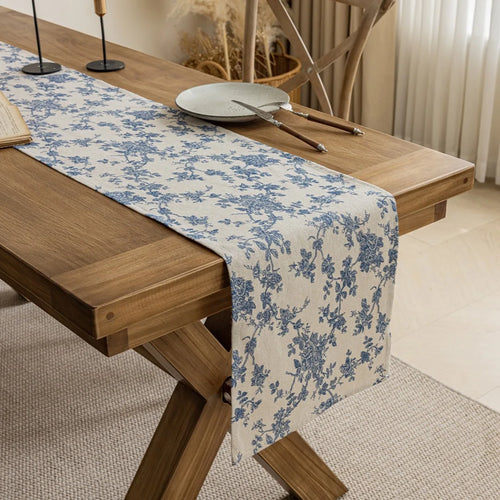 chemin table coton lin bleu motif fleurs décoration table manger mariage classique