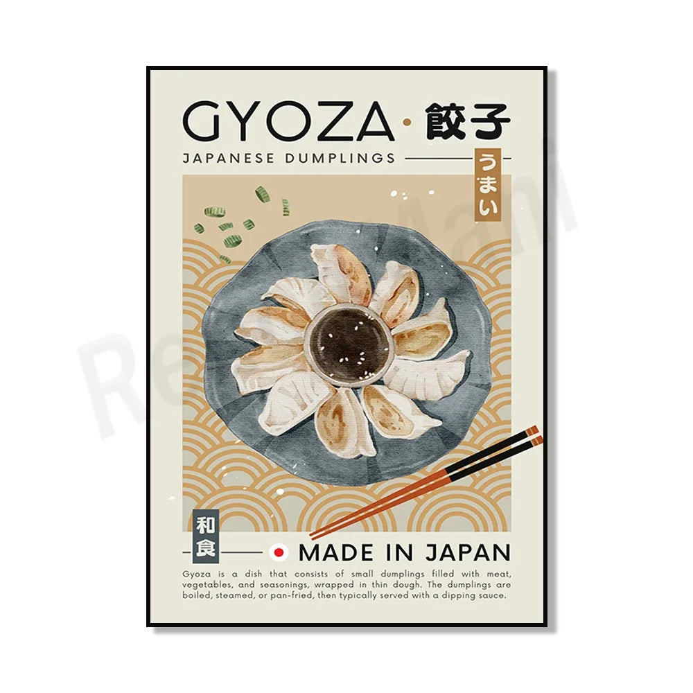 L'image présente un produit japonais traditionnel appelé Gyoza, des petits raviolis fourrés de viande et de légumes, servis avec une sauce de trempage. La conception moderne et attrayante de l'emballage met en valeur les ingrédients et le procédé de fabrication artisanal.