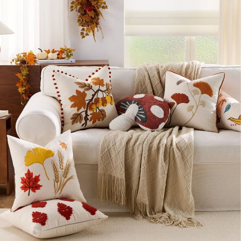 housses coussins brodées feuilles automnales nordique rustique décoration maison voitures