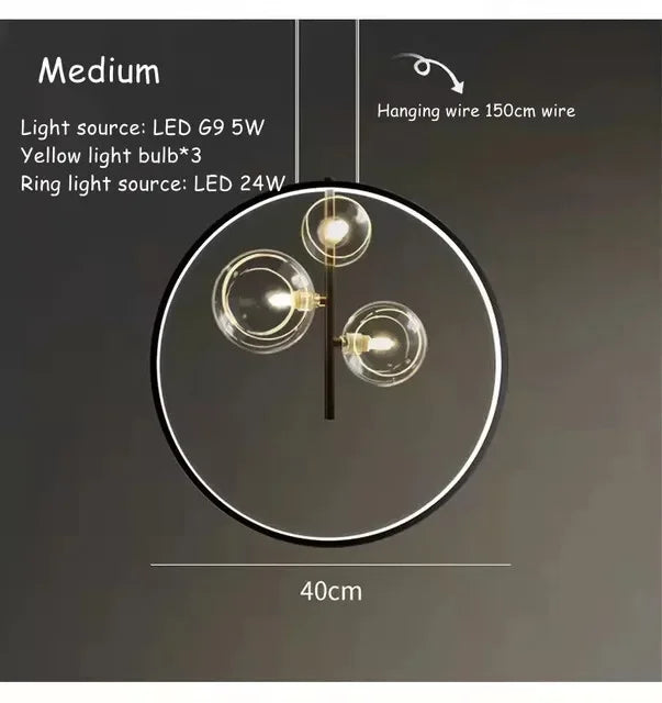 lumière suspendue moderne pendentif géométrique transparent cercles métalliques dorés chambre salon