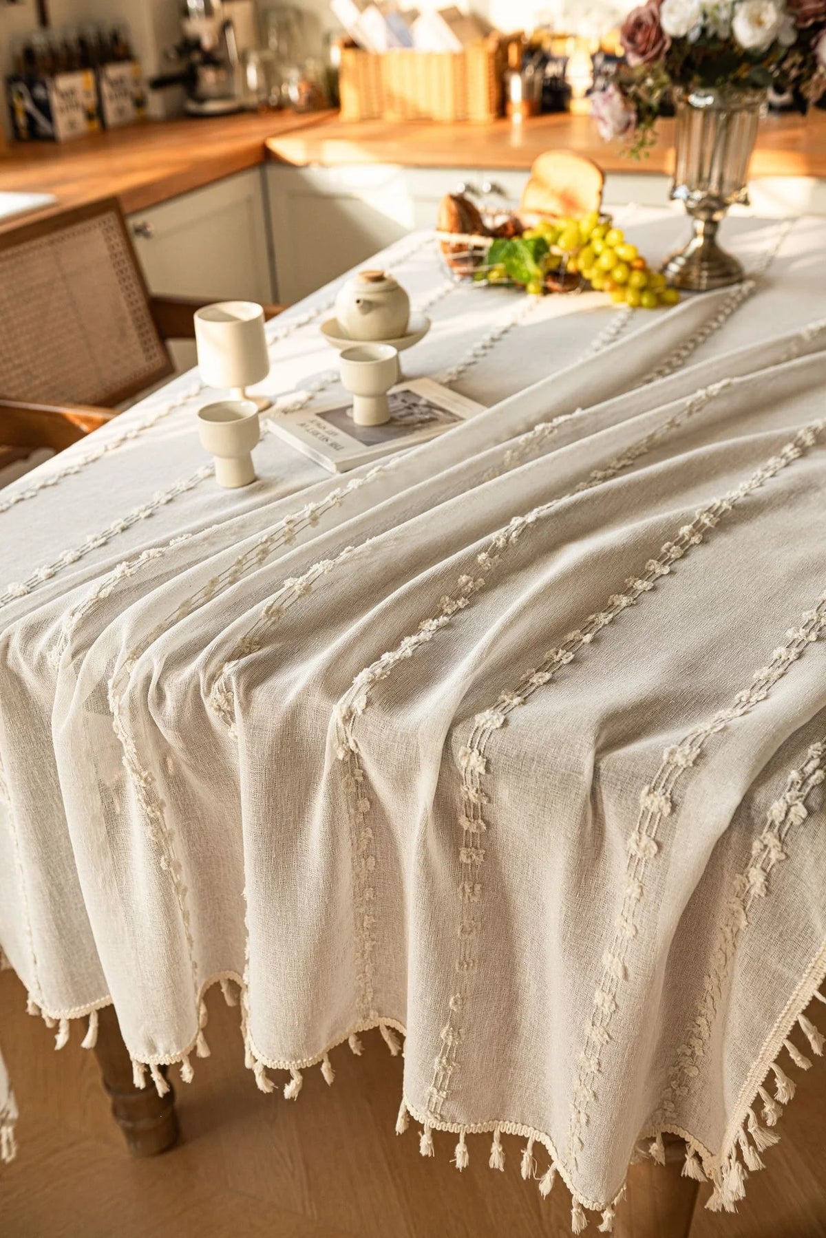nappe beige clair rayées franges rustique boho chic table salle manger polyester machine