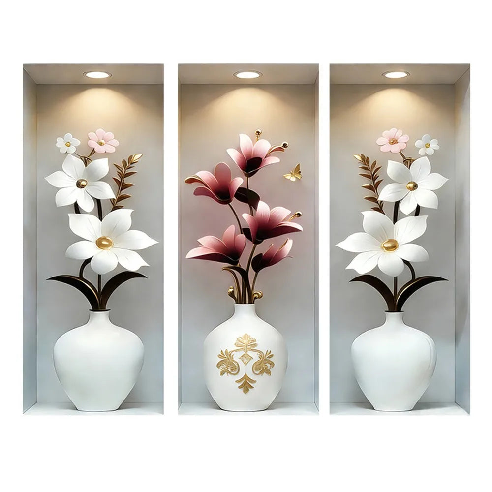 décoration murale autocollant pvc fleurs stylisées or argent blanc moderne élégant rouge bleu rose