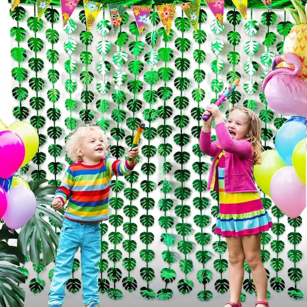 rideau decoratif tropical festif feuilles perforées vertes argentées semi transparent occasion anniversaire enfants decoration
