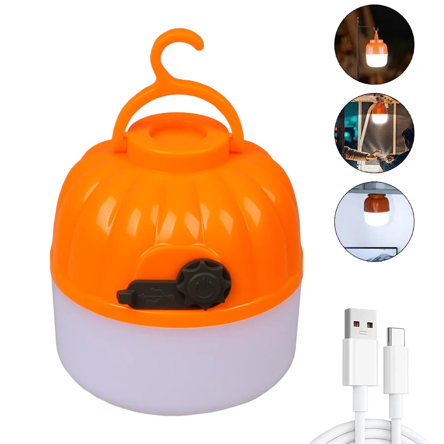 lampe camping rechargeable usb orange blanc moderne interrupteur crochet métallique led