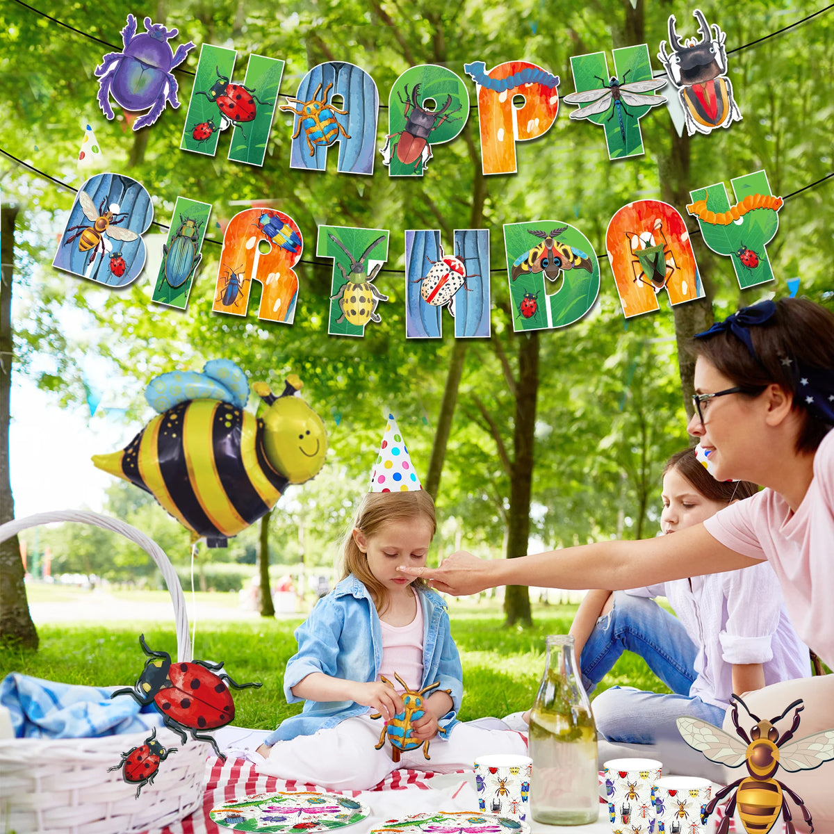 guirlande lettres happy birthday multicolore insectes coccinelle scarabée abeille festive enfant