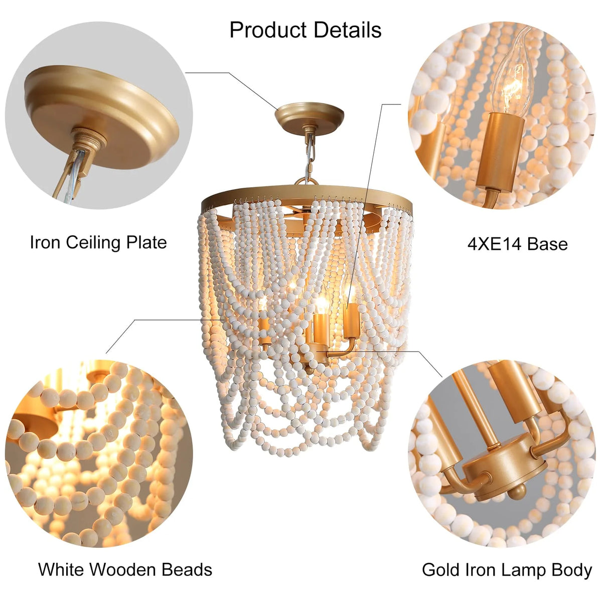 lampe suspendue bois blanc noire chaîne dorée classique vintage chambre cuisine salle manger