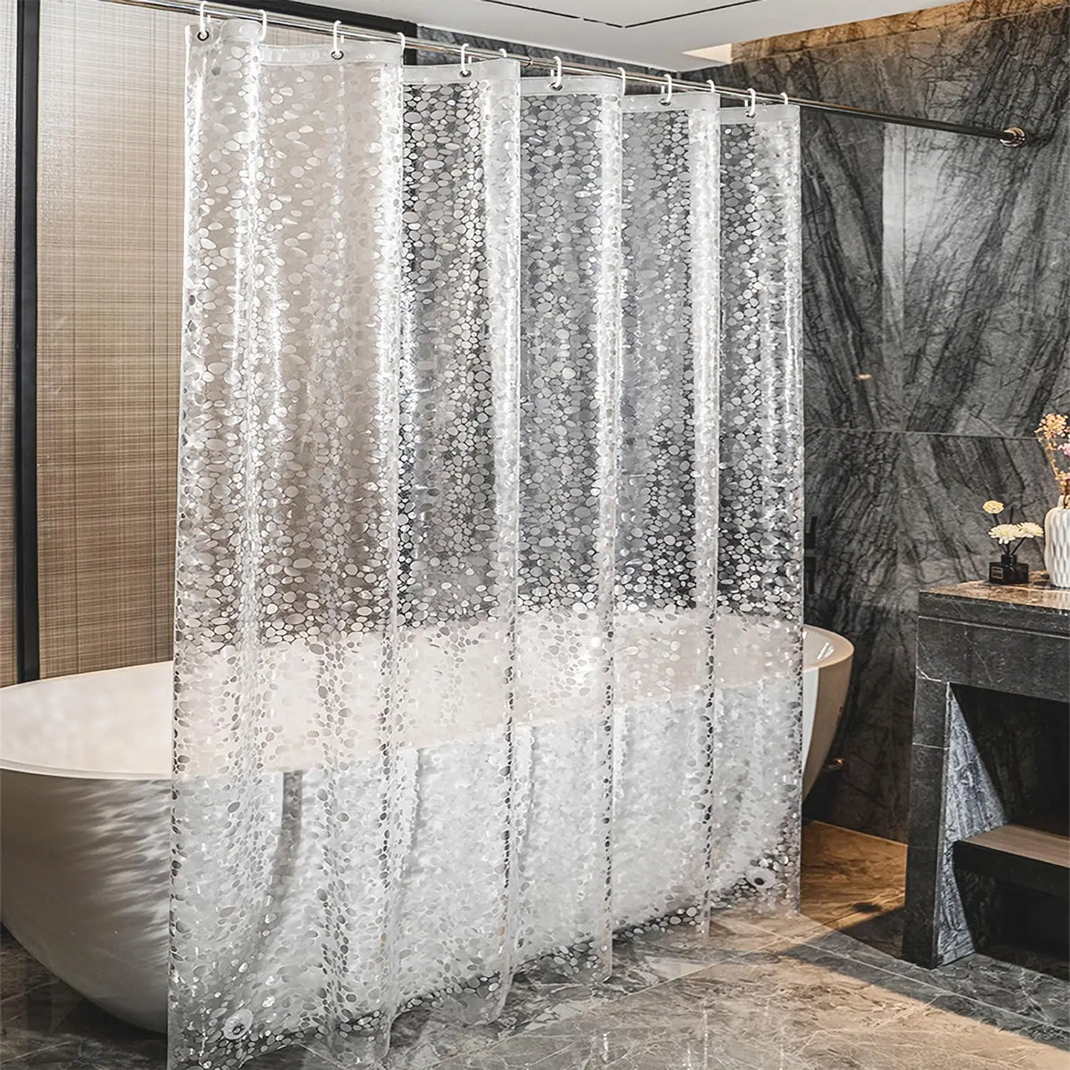 rideau douche gris clair motif pierres moderne aimants crochets salle bain