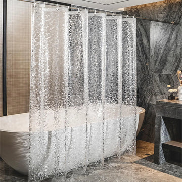 rideau douche gris clair motif pierres moderne aimants crochets salle bain