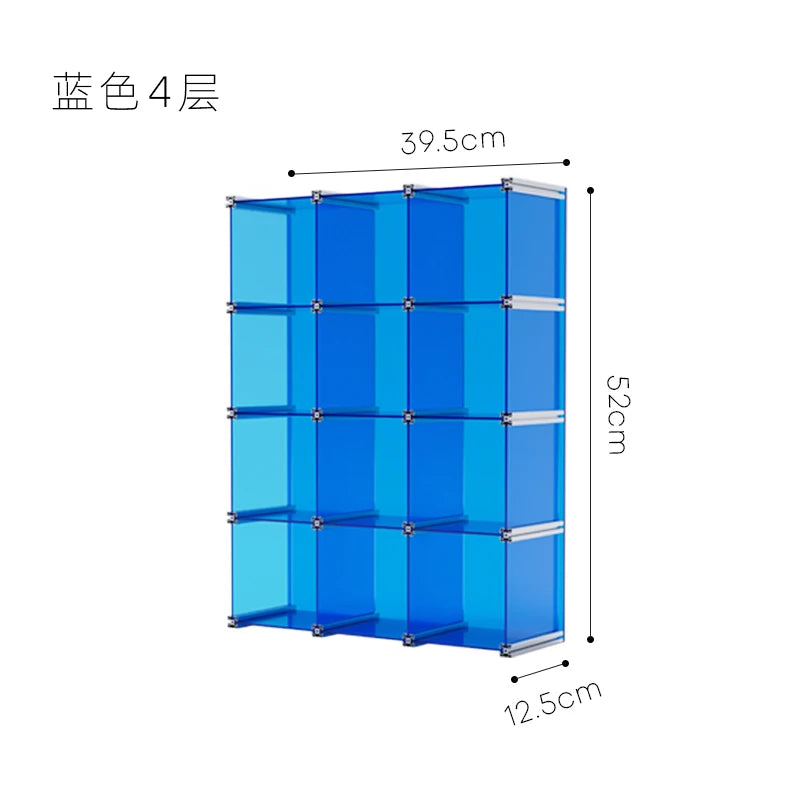 organisateur rangement modulaire transparent bleu clips métalliques compartiments tasses bouteilles bol assiette gâteau tablette