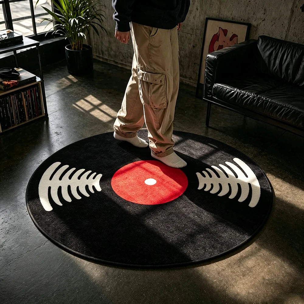 tapis noir blanc rouge disques vinyle moderne salon chambre décoratif 100x100cm 120x120cm 160x160cm 200x200cm