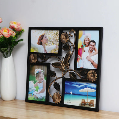 Cadre photo mural vintage noir avec fleurs 3D et papillon - vue de face