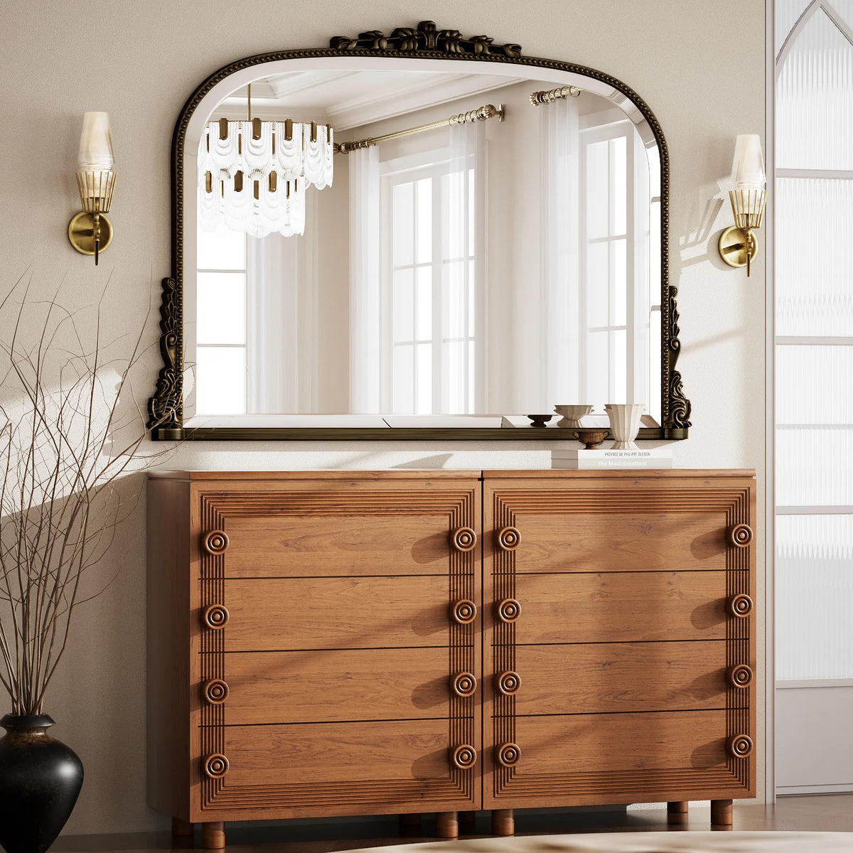 miroir salle bain bois naturel vintage classique motifs dorés vis fixations chambre